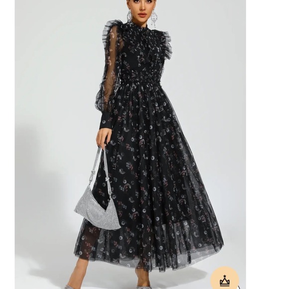Catchall Dresses & Skirts - Catchall Floral Tulle Maxi Dress Women L NEW Ruffle Sheer Long Sleeve Black